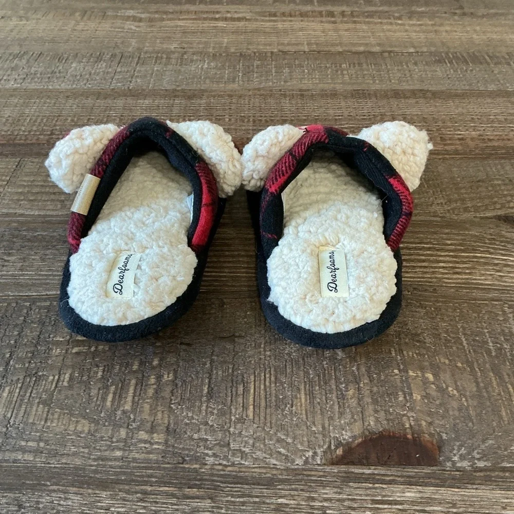 Dearfoams Red Black Plaid Men's Papa Bear Slippers And Kids Lil Bear Slippers